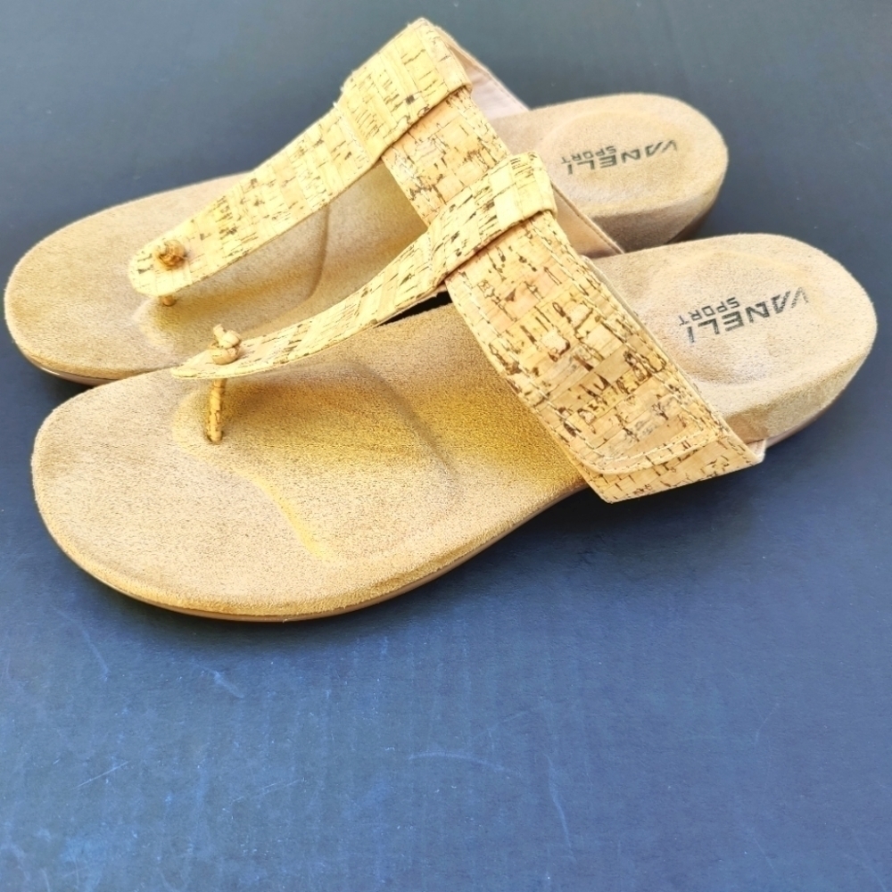 Vaneli Sport Cork Flats Tan T-Strap Sandals Women's Shoes Size 10M